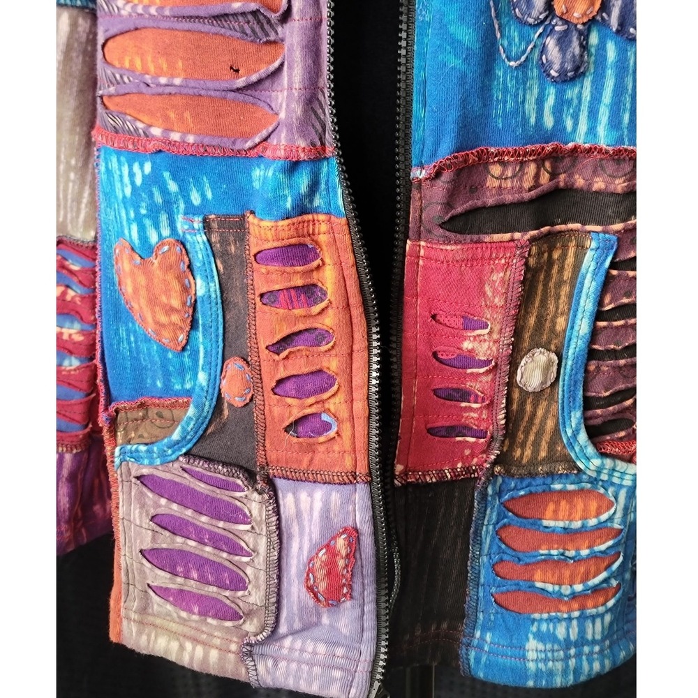 Handmade Nepal Patchwork Razor Cut Hoodie Jacket Multicolor Boho XL Cotton - Picture 5 of 9